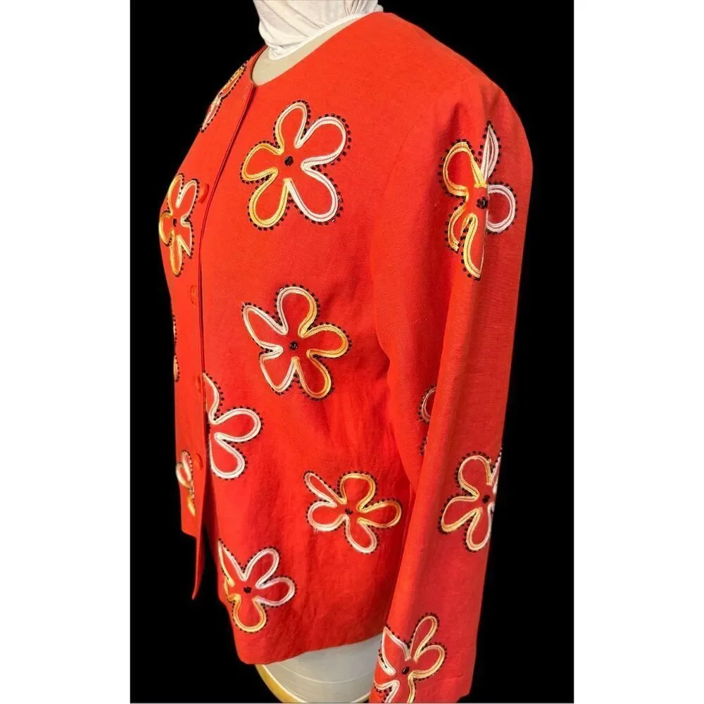 Coldwater Creek Linen Blend Jacket Medium Flower Embroidery All Over Button Fron